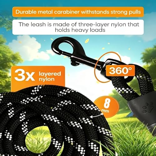 1 Pack 6 FT Heavy Duty Rope Dog Leash, 1/2 Inch Thick Reflective Pet Lead with Padded Handle for Large Medium Breeds, Walking & Training Gear, Black