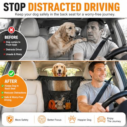 Dog Car Barrier, Dog Car Net Barrier, Heavy Duty Canvas Seat Divider with Belt Set, Double-Sided Organizer, Adjustable Pet Safety Kit, Precision Fit for SUV & Cars