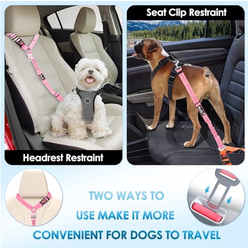 Lukovee Dog Seatbelt Leash for Cars, 2 Pack Pet Safety Seat Belt with Adjustable Buckle & Reflective Bungee, Connect Dog Harness in Vehicle Dogs Restraint Travel Daily Use (Pink) - color: A-Pink