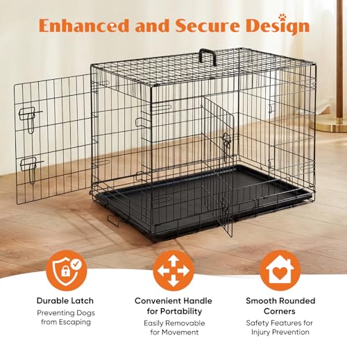 Sweetcrispy Large Dog Crate, 37 Inch Double Door Folding Metal Wire Dog Cage with Plastic Leak-Proof Pan Tray, Pet Kennel for Indoor, Outdoor, Travel