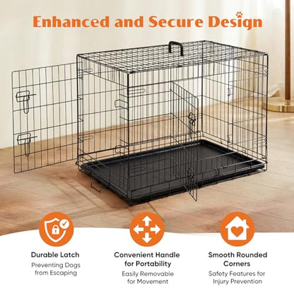 Sweetcrispy Large Dog Crate, 37 Inch Double Door Folding Metal Wire Dog Cage with Plastic Leak-Proof Pan Tray, Pet Kennel for Indoor, Outdoor, Travel