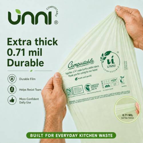 UNNI Compostable Trash Bags, 2.6 Gallon / 9.84 Liter, 100 Count, Extra Thick 0.71 Mil Small Kitchen Food Scrap Bin Liners, Certified by BPI, CMA & OK compost HOME, Meets the ASTM D6400 Standard - size: 100 Count (Pack of 1), style: 2.6 Gallon