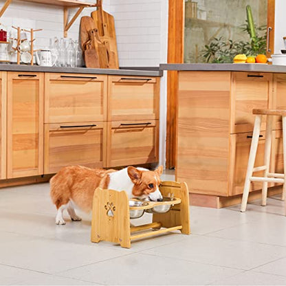X-ZONE PET Elevated Dog Bowls for Cats and Dogs, Adjustable Bamboo Raised Dog Bowls for Large Dog, Food and Water Stand Feeder with 2 Stainless Steel Bowls Anti Slip Feet (Height 5.1" to 7.5" to 10")… - size: L- Height 5.1" up to 10"