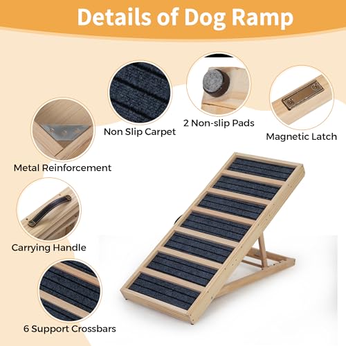 Adjustable Wooden Dog Ramp for Bed and Couch - 39" Folding Pet Ramp with 4 Heights and Non-Slip Safety Rails for 132lbs Small, Medium, and Senior Dogs - size: 39"L