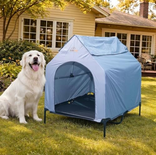 Outdoor Dog House with Roof Canopy Elevated Bed with Mesh Windows 41X24X17cm/5.7kg - Weatherproof Dog Shelter for Medium Breeds - Ideal Dog House Outdoor (Grey, Large)