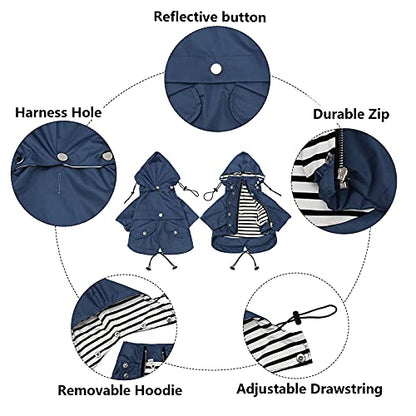 Dog Zip Up Raincoat with Reflective Buttons, Rain/Water Resistant, Adjustable Drawstring, Removable Hood, Raincoats with Legs 8lbs to 80lbs Available - Dark Blue - Small - color: Dark Blue, size: Small