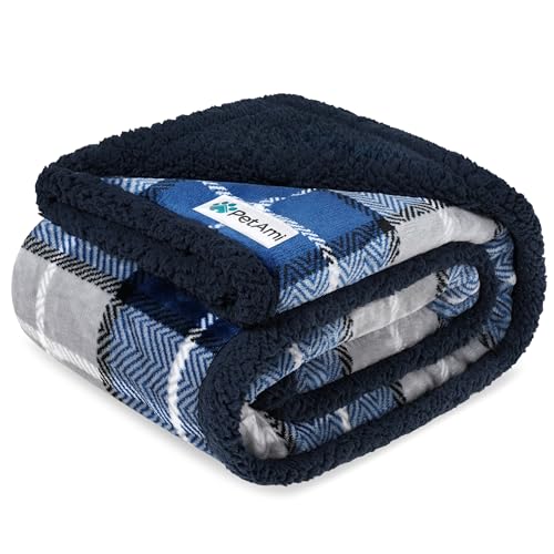 PetAmi Waterproof Dog Blanket for Couch, Pee Proof Sherpa Fleece Reversible Pet Throw, Furniture Protector for Bed Sofa Kennel, Soft Washable Cover for Small Medium Dog Puppy Cat, 29x40 Plaid Blue - color: Plaid Navy, size: Medium 29 X 40 Inches