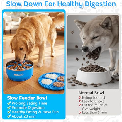 Slow Feeder Insert Bowl - 3 in 1 Stainless Steel Dog Food and Water Bowl 64oz with Lick Mat, Non-Slip Suction Cup Dog Food Bowl Puzzle Maze Slows Down Eating for Dogs Cats