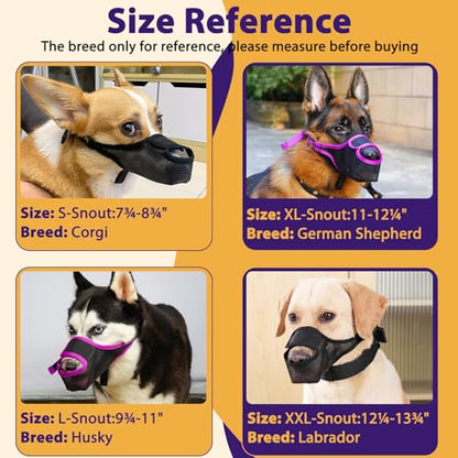 LUCKYPAW Dog Muzzle, Patented Mesh Muzzle for Large Medium Small Dogs Allows Full Pant Drinking Mouth Cover to Prevent Biting Chewing Scavenging Adjustable Breathable Mouth Guard(Black,XXL) - size: XXL-Snout:12.25-13.75"