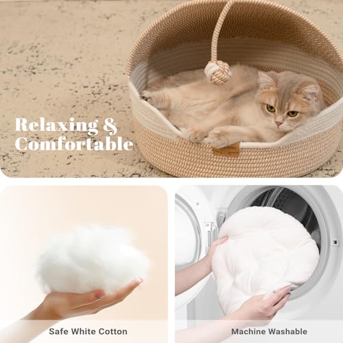 CHEERPALS Cat Basket Bed with Washable Cushion and Ball Rope Cotton, Covered Pet Bed for Indoor Cats Cave Bed Hooded, Stimulicat Cat Bed Handwoven Breathable, All Season Universal(White) - color: White