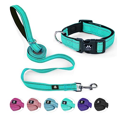 NESTROAD Dog Collar and Leash Set,Reflective Dog Collars with Quick Release Buckle,Adjustable Nylon Pet Collar for Small Medium Large Dogs(Large,Teal) - color: Teal, size: Large