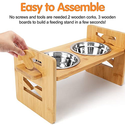 Elevated Dog Bowls, Adjustable Raised Tilted French Bulldog Food Water Bowl, Slanted Bamboo Pet Feeding Station with Stainless Steel Bowl for Small & Medium Dogs, Cat Kitten Flat Faced Puppy Feeder