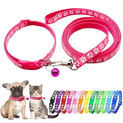 Hot Pink XS Dog Collar with Bell, Puppy Collar and Leash Set Pawprint Small Dog Collar Adjustable Kitten Collar with Bell for Tiny Little XXS Extra Small Breed Pets Dogs Cats Girls Female - color: Hot Pink