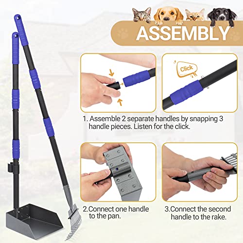 Heeyoo Dog Pooper Scooper, Dog Poop Tray and Rake Set, Pet Waste Removal Scoop with Long Adjustable Sectional Stainless Handles - color: Black/Blue