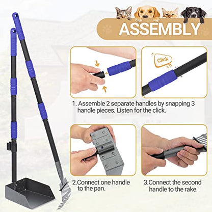 Heeyoo Dog Pooper Scooper, Dog Poop Tray and Rake Set, Pet Waste Removal Scoop with Long Adjustable Sectional Stainless Handles - color: Black/Blue