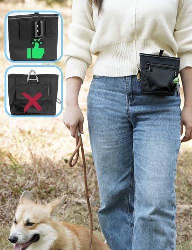 Gobeigo Dog Treat Pouch and Training Clicker, Upgrade Two Magnetic Closure to Prevent Spills, 2 Cup Treat Bag with Poop Bag Dispenser, Metal Clip Waist Belt Fanny Pack for Pet Walk (Black) - color: A-Black