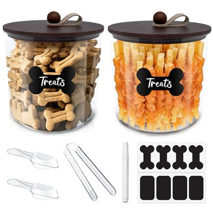 HOYTAMDAR 2 Pack Airtight Dog Treat Containers with Bamboo Lids, Dog Treat Jars with Scoops, Clamps, Labels and Marker, Dog & Cat Treat Holder - color: Brown - 2 Pack