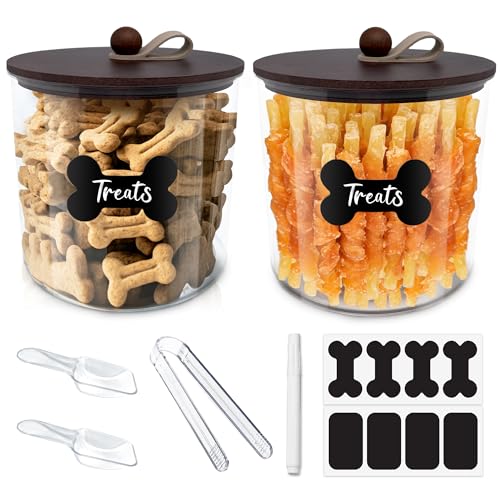 HOYTAMDAR 2 Pack Airtight Dog Treat Containers with Bamboo Lids, Dog Treat Jars with Scoops, Clamps, Labels and Marker, Dog & Cat Treat Holder - color: Brown - 2 Pack