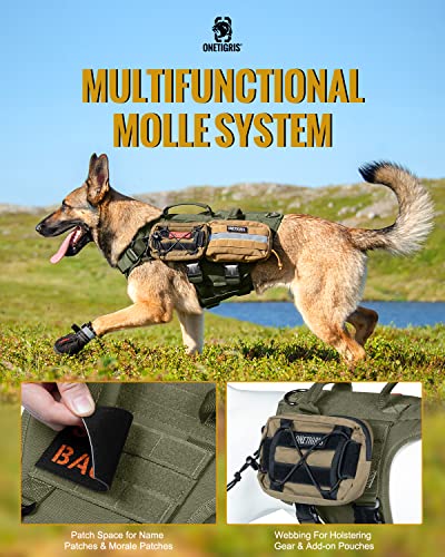 OneTigris Tactical Dog Harness with 5X Metal Buckle,Dog MOLLE Vest with Handle,No Pulling Front Clip,Hook and Loop Panel for Dog Custom Patch (L, Green) - color: Green, size: L