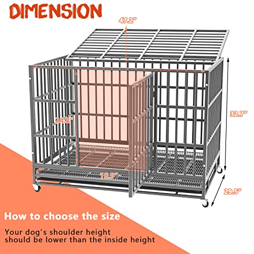 LEMBERI 48 Inch Heavy Duty Indestructible Dog Crate, 500lbs Capacity Escape Proof Double Door Kennel with Lockable Wheels, 36" Tall XL Dog Cage with 0.8" Steel Tubes, Removable Tray, Silver - color: Silver, size: 47.2"L x 30.7"W x 36"H