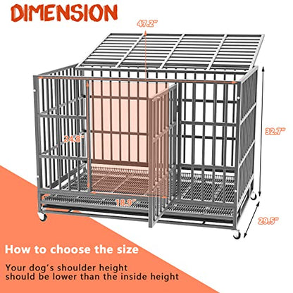 LEMBERI 48 Inch Heavy Duty Indestructible Dog Crate, 500lbs Capacity Escape Proof Double Door Kennel with Lockable Wheels, 36" Tall XL Dog Cage with 0.8" Steel Tubes, Removable Tray, Silver - color: Silver, size: 47.2"L x 30.7"W x 36"H