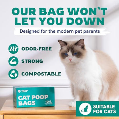 Panther Armor Cat Litter Bags, 100 Large Compostable Unscented Poop Bags -16x12in Super Large Kitty - Leak Proof Box Trash - Odor Proof Cat Disposal - size: 1 Count (Pack of 100), style: Large