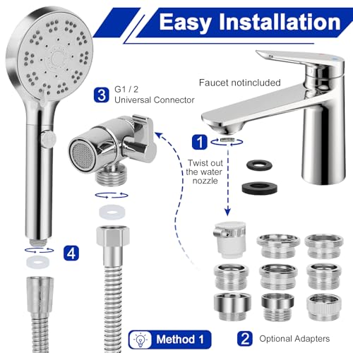 Bathtub Faucet Shower Head Sink with 79" Hose, Tub Faucet Sink Hose Sprayer Attachment Set (8 Adapters) for Bathroom Garden, ON/OFF 6 Modes High Pressure Handheld Shower Extension Kit, Removable