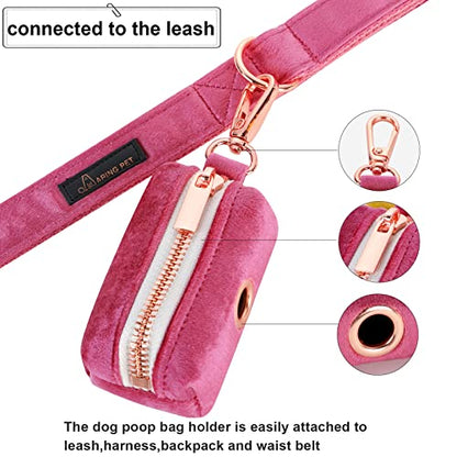 ARING PET Dog Poop Bag Holder, Velvet Doggy Waste Bag Dispenser Attach to Any Leashes, Portable Washable Pet Waste Pouch Dispenser with Metal Zipper - color: A:Rose red