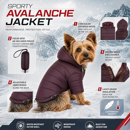Pet Life ® Sporty Avalanche Lightweight Adjustable Folding Fall and Winter Dog Coat Jacket with Concealed Zippered Pop-Out Hood - color: Brown, size: Large