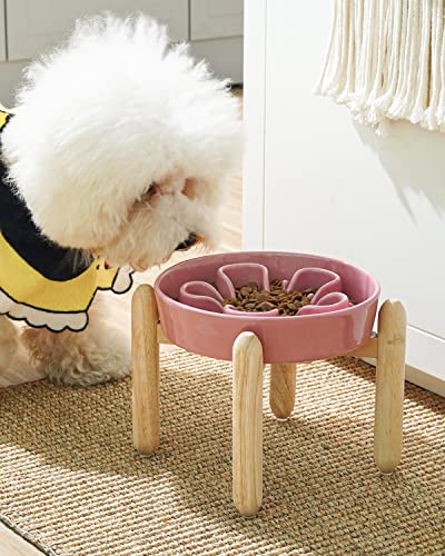 LE TAUCI Ceramic Slow Feeder Dog Bowls Elevated, 3 Cup Raised Bowl with Wooden Stand for Medium Large Breed, Slow Down Eating, Puzzle Dog Food Bowl, Pink Bloom - color: Pink Bloom+Stand, size: L-3 Cups