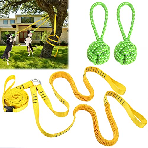 Dog Hanging Bungee Tug Toy for Two Dogs: Interactive Tether Tug-of-War for Pitbull Small to Large Dogs to Exercise - Durable Retractable Tugger Dog Rope Toy with 2 Chew Rope Toys - size: X-Large-Yellow-for 2 Dogs