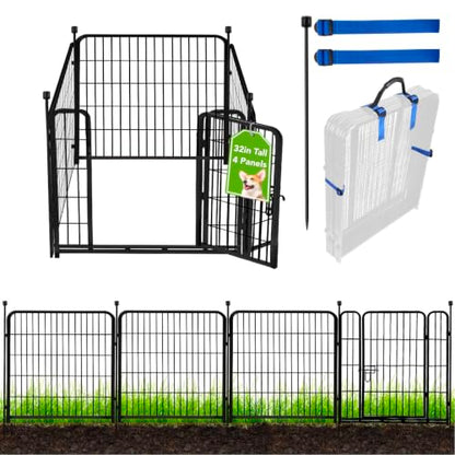 ADAVIN 32 in(H) Garden Fences and Borders,1 Gate+3 Panels Dog Fence Outdoor for Yard, Heavy Duty Iron Metal Animal Barrier Fence, Camping Fence, Flower Garden Fencing,Total 8.9 Ft(L), Black - size: 4panels-32in(H)×8.9ft(L)