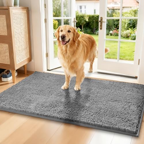 Chenille Absorbent Front Door Mat 60" x 36", Dog Door Mat for Muddy Paws, Trap Dirt Doormat, Mud Mat for Dogs, Washable Non Slip Outdoor Indoor Doormats for Entryway, Light Grey - color: Light Grey, size: 60"L x 36"W x 1"Th
