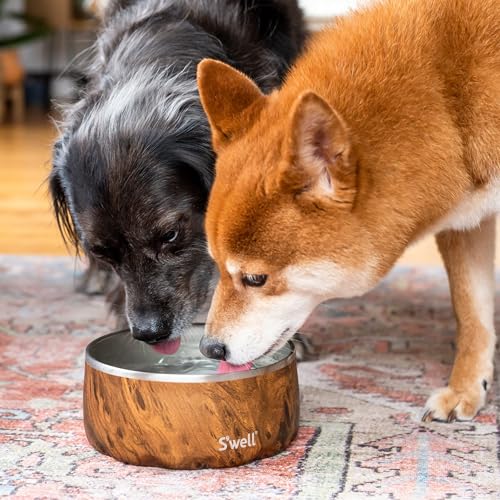 S'well Stainless Steel Pet Bowl, 32oz, Teakwood, for Small to Medium Size Dogs, Mess Free Design with Non Slip Rubber Bottom, Dishwasher Safe, BPA Free - color: Teakwood, size: 32 oz