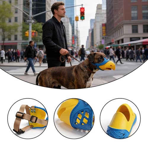 Dog Muzzle for Large & Medium Sized Dogs, Basket Muzzle for Dogs - Cute Hawk-Beak Design, Soft Breathable & Adjustable for Walking, Outdoor Activity & Crowded Places (1 Pack，Blue-Yellow) (L) - size: L