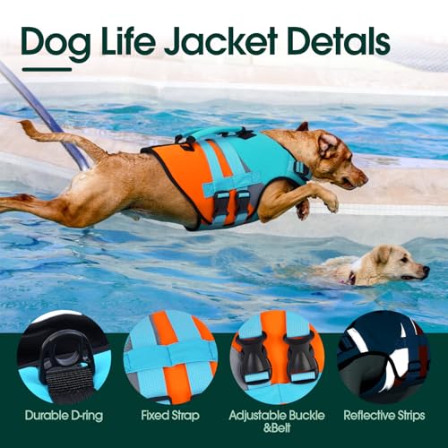 Kuoser Dog Life Jacket with Reflective Strips, High Visibility Dogs Swim Vest with Rescue Handle, Adjustable Dog Life Vest for Swimming, Boating, Pool & Beach, Doggy Lifejacket Small Medium Large Dogs - color: Blue, size: Small (Chest Girth:16.9-21.3'')