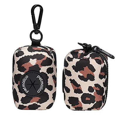 Petmolico Dog Poop Bag Holder Leash Attachment, Waste Bag Dispenser Zippered Pouch, Fits Any Leash, Includes Free Roll of Bags, 2 Pack - Leopard - color: Leopard