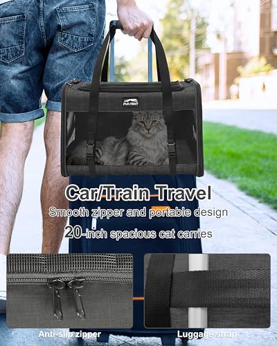 Soft-Sided Large Cat Carrier for 2 Cats, Spacious Foldable Pet Travel Carrier for Large Cats up to 25 Lbs, Double Cat Bag with Shoulder Strap, 20x13x13 Inch, Fits Maine Coon and Small Dogs, Black