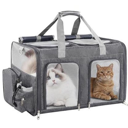 Cat Carrier for 2 Cats - Double Pet Carrier Extra Large, Dual Cabin Multi Cat Travel Carrier with Removable Divider, Collapsible, Can Hold 20 30 40 lbs for Two Small Kitten, a Medium Dog Gray - color: Gray