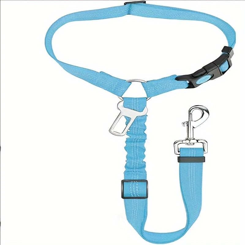 Dog Seat Belt, Adjustable Dog Safety Belt Leash, 2 in 1 Latch Bar Attachment Dog Car Seatbelt with Elastic Nylon Bungee Buffer Reflective Connect to Dog Harness（43in*0.98in） (Blue) - color: Blue