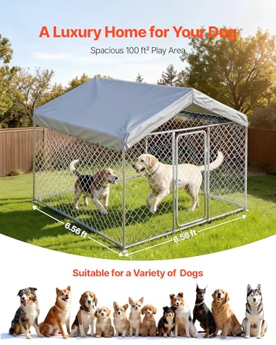 VEVOR Outdoor Dog Kennel, 6.56 x 6.56 x 5.25 ft Large Dog Kennel with Secure Lock, Outside Dogs Enclosures with UV-Resistant & Waterproof Roof Cover, Heavy Duty Pet Crate Cage Run for Large Dogs - size: 6.56 x 6.56 x 5.25 ft