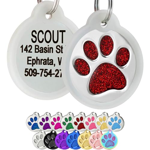 GoTags Paw Print Round Stainless Steel Pet Tag for Dogs and Cats, Personalized with 4 Lines of Custom Engraved ID with Silencer, in Stainless Steel and 15 Colors Small and Large, Glitter Red - color: Glitter Red, size: Large w/ Silencer