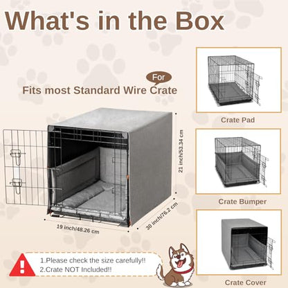 Calming 3-Piece Dog Crate Cover Set with Mat & Bumper Pad - Waterproof, Furniture Style Kennel Cover for 30-Inch Cages, Chew Resistant & Machine Washable, Gray - size: 30-Inch