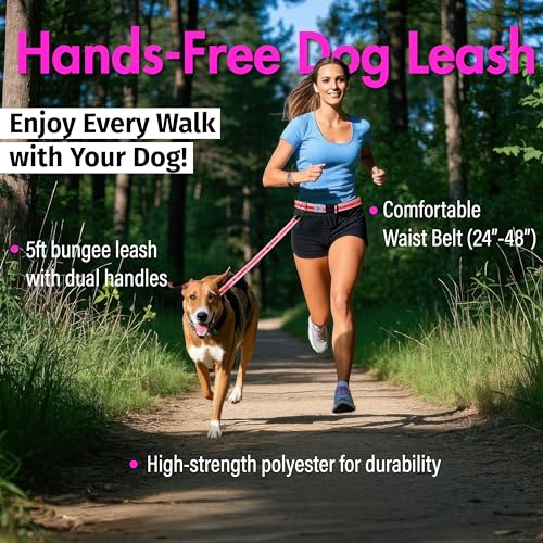 Hands Free Dog Leash with Waist Belt Lifetime Replacement, Dual Handle Bungee Leash for Running, Jogging, Hiking and Walking, for Medium and Large Dogs 5118 - color: Pink