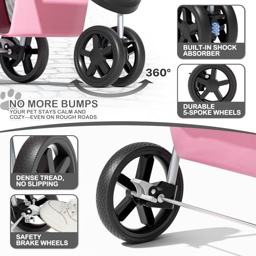 MoNiBloom 3-Wheels Foldable Pet Stroller with Waterproof Cover, Pet Strolling Cart for Small/Medium Dogs and Cats with Storage Basket and Cup Holder, Breathable and Visible Mesh for All-Season, Pink - color: Pink