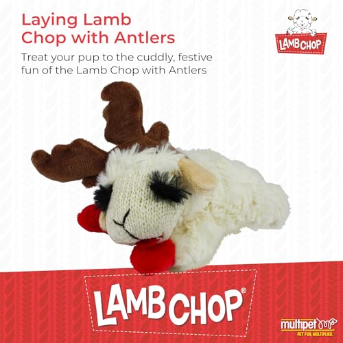 Multipet Lamb Chop Dog Plush Toy w/ Holiday Antlers - Squeaky Toy for All Dogs - Extra Soft Plush - Stuffed Animal for Cuddling & Playing (6”, Cream/Brown) - size: 6", style: Holiday Antlers