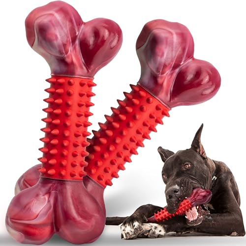 2-Pack Tough Dog Toys for Aggressive Chewers: Beef Flavored Long Lasting Dog Bones for Large Dogs, Heavy Duty Nylon & Rubber Dog Chew Toys to Keep Them Busy, Medium & Large Breed, Red - color: 2 PC-Beef-Red