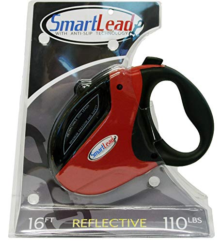 SmartLead Retractable, Reflective, Heavy-Duty 16-Foot Nylon Dog Leash, Tangle Free, Anti-Slip Brake Technology, Easy Grip Handle, Good for Dogs up to 110 Pounds – Red - color: Red