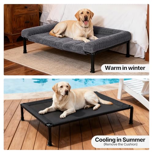 Veehoo Elevated Dog Bed Large Sized with Fluffy Plush Bolster Cushion, Washable Orthopedic Dog Couch Bed, Cooling Raised Pet Cot with Removable Mat, Breathable Mesh, No-Slip Feet, 45 x 34 inches, Grey - color: Grey, size: 45"L x 34"W x 7.9"Th