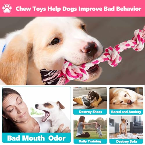 Dog Rope Toys Chew Rope Toy for Medium and Small Dogs Cat Puppy Teeth Cleaning Natural Cotton Dog Pull Rope for Interactive Tug of War Funny (Small 3 Knots (2Pack))